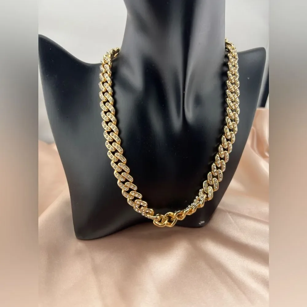 Gold-Tone Cuban Link Chain Necklace with Rhinestones